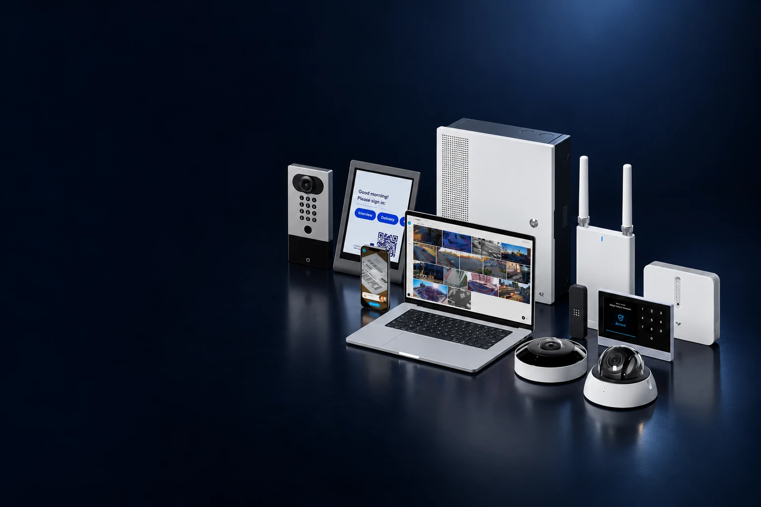 Verkada cameras, access control, intercom, alarm keypad and cellular gateway, with the Command dashboard on a laptop.