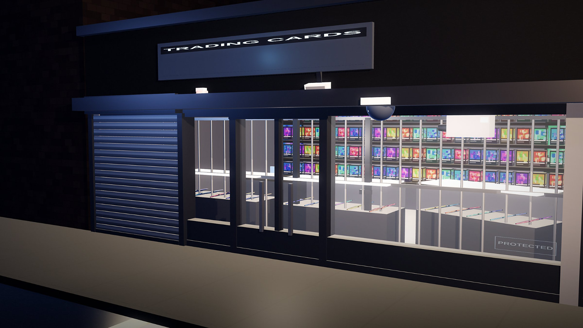A card shop storefront at night: a steel shutter closed over the left window, lit display cases and stock behind the right window, a dome camera and horn speaker under the fascia, security bars inside, and a fog unit on the ceiling