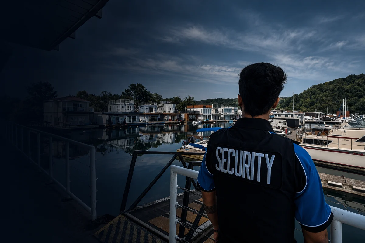KingsGuard guard on post overlooking a marina