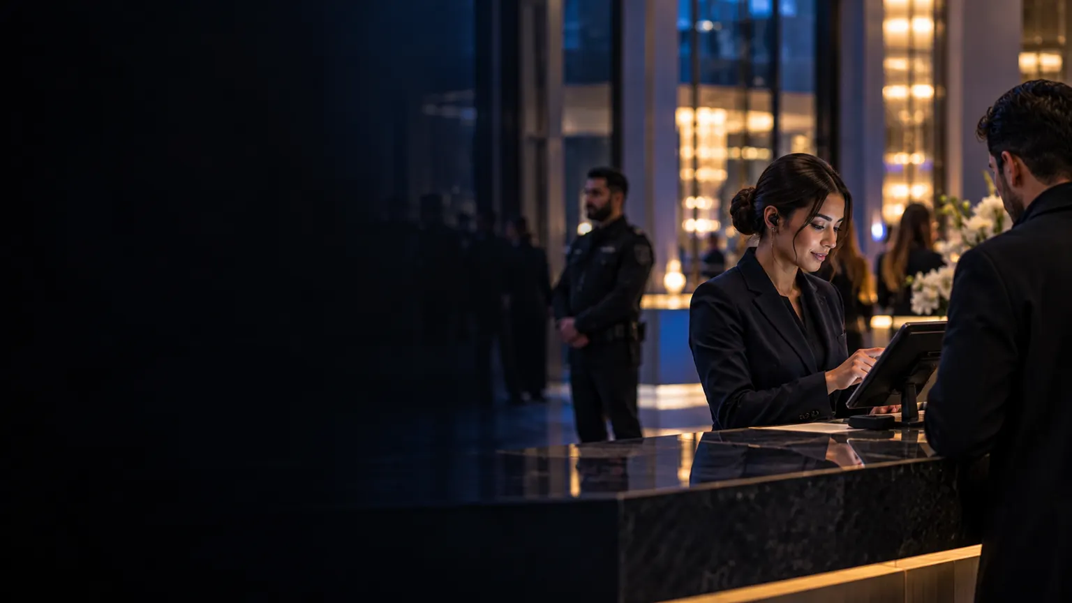 KingsGuard support staff member assisting a guest at a front desk