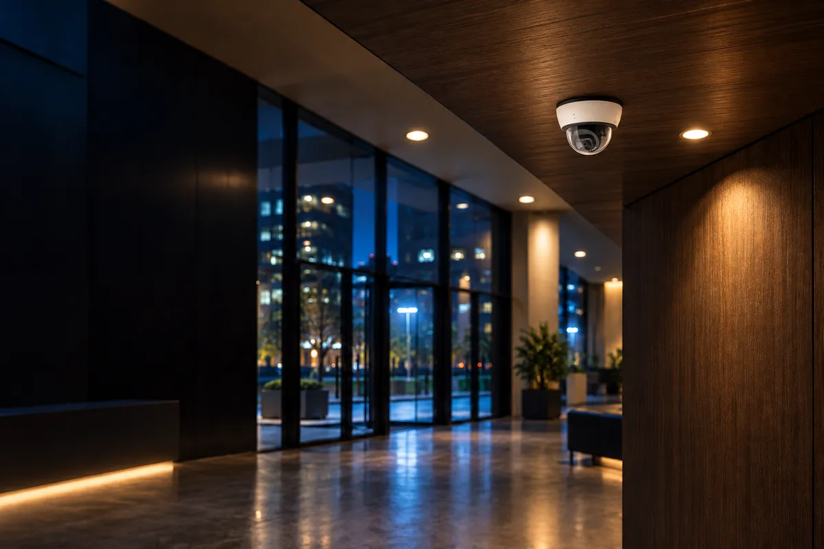 Verkada dome camera on a lobby ceiling at night