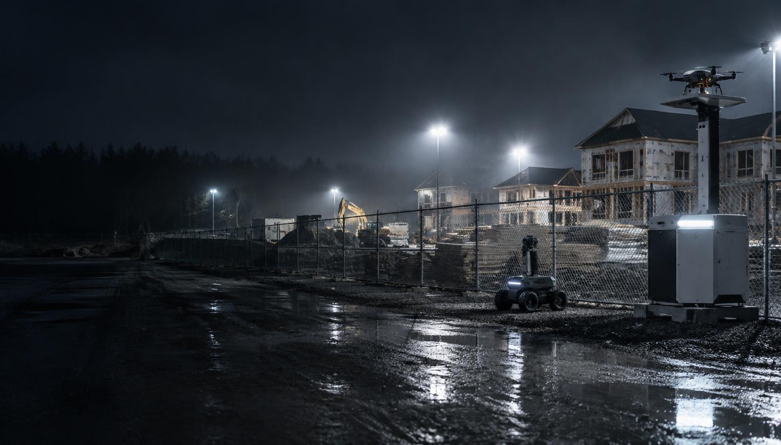 Docked drone and ground robot patrol on an Ontario construction site